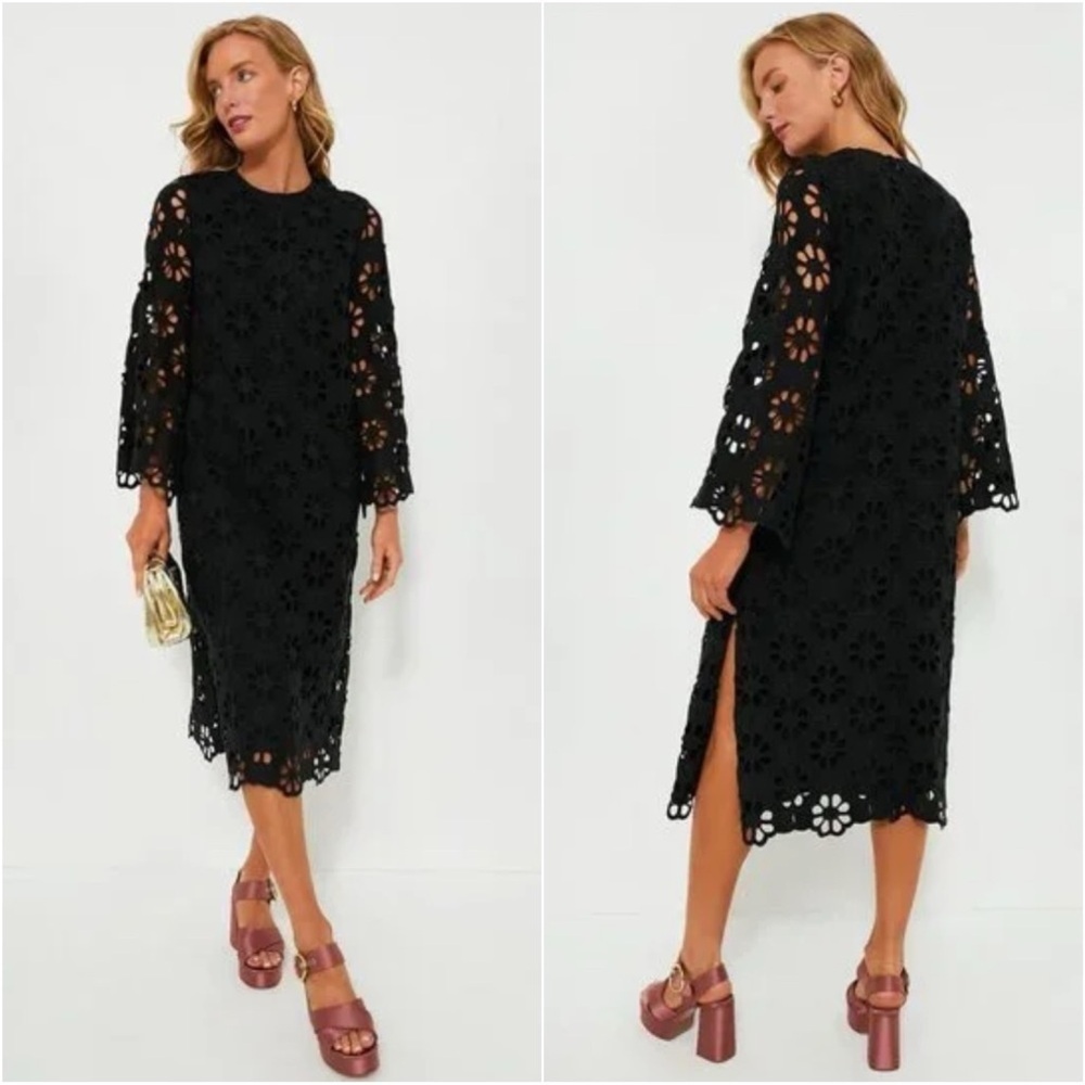Tuckernuck Dress Noir Eyelet Hutton Midi Long Sleeves Cotton Black Sz S NWT New